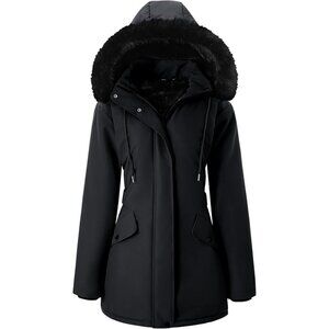 Women's Puffer Jacket Coat Black Fleece Lined Long Hooded Waterproof Outerwear